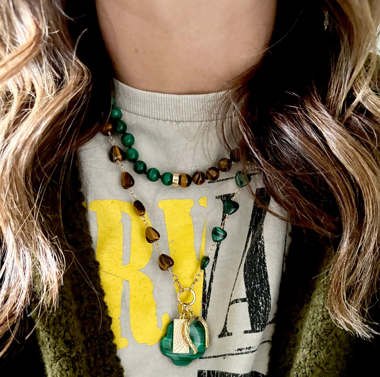 Celeste Tigers Eye & Malachite Heart Necklace